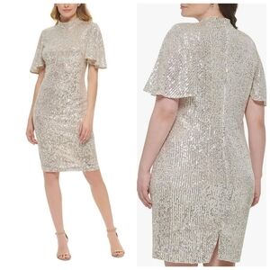 Eliza J Women's Sequined Flutter-Sleeve Mock Neck Cocktail Dress Size 10